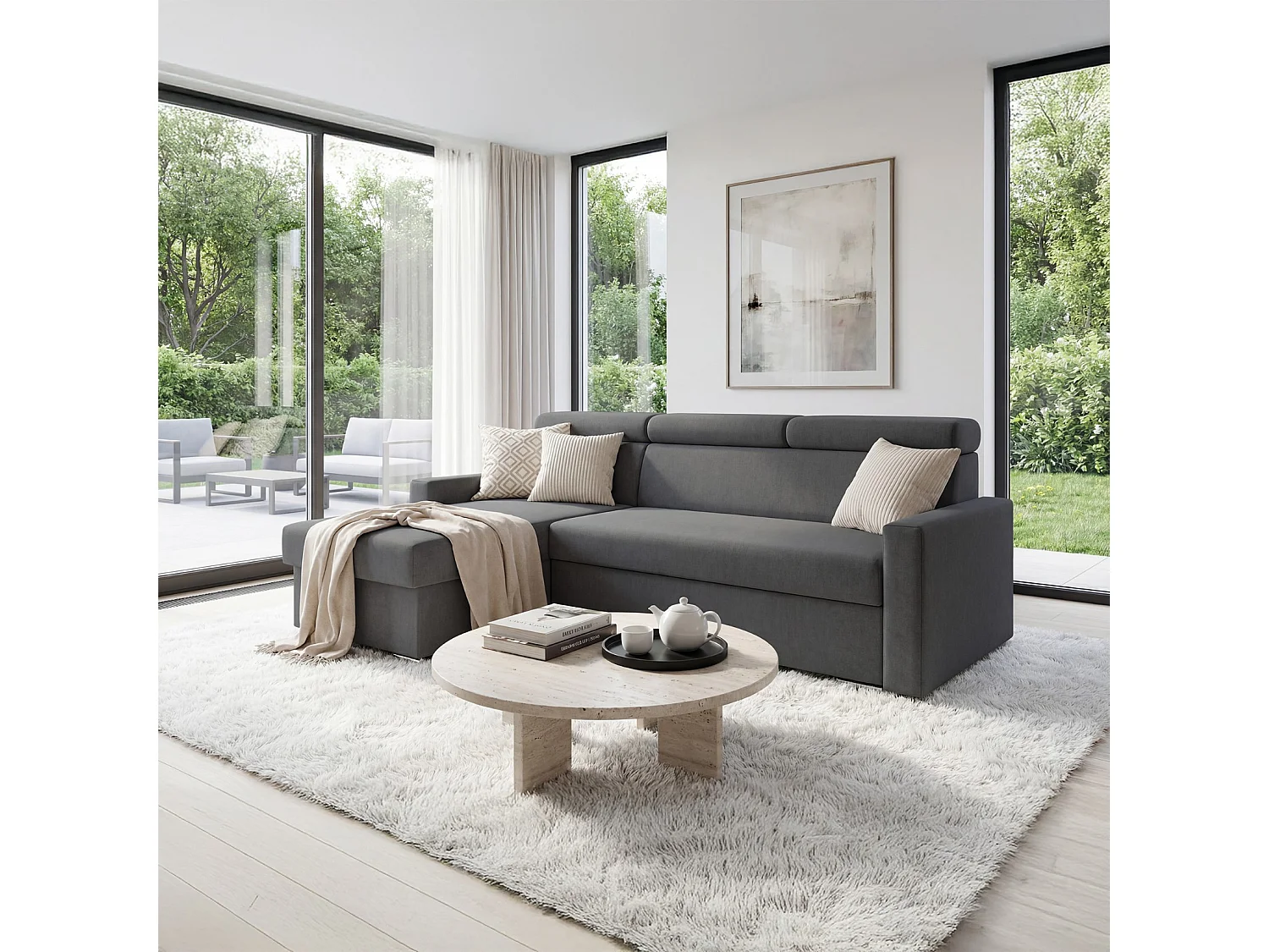 Ecksofa Vega L mit Schlaffunktion & Bettkasten – Samtstoff Best Graphit – Zero-Wall Design Wandbündig – L-Form Sofa Freistehend Graphit