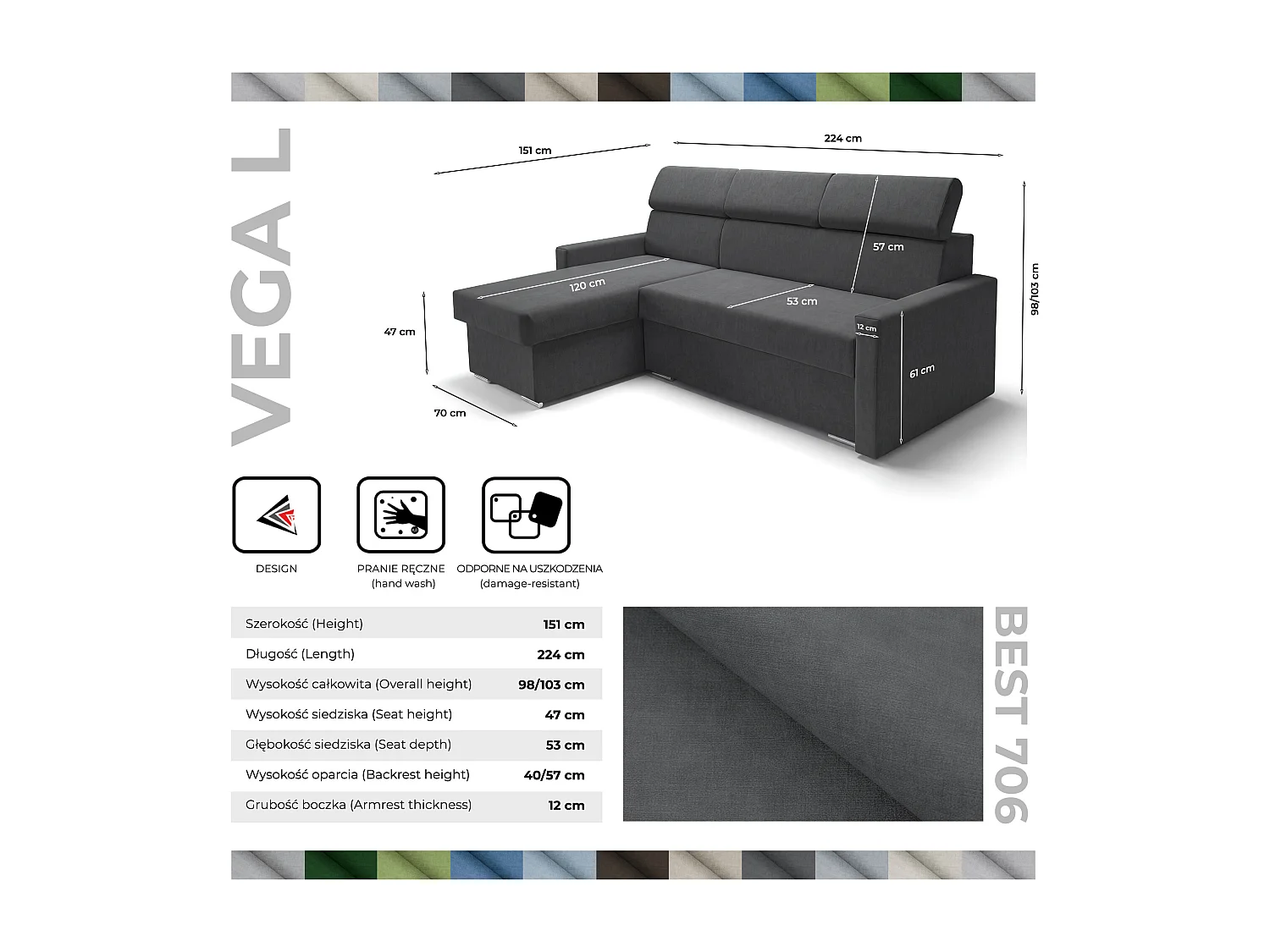 Ecksofa Vega L mit Schlaffunktion & Bettkasten – Samtstoff Best Graphit – Zero-Wall Design Wandbündig – L-Form Sofa Freistehend Graphit