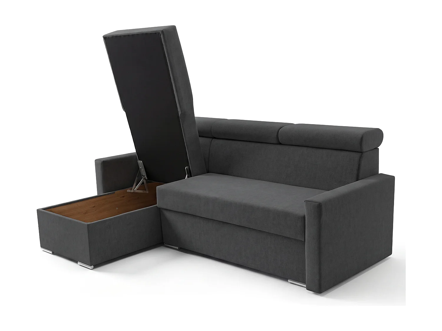 Ecksofa Vega L mit Schlaffunktion & Bettkasten – Samtstoff Best Graphit – Zero-Wall Design Wandbündig – L-Form Sofa Freistehend Graphit