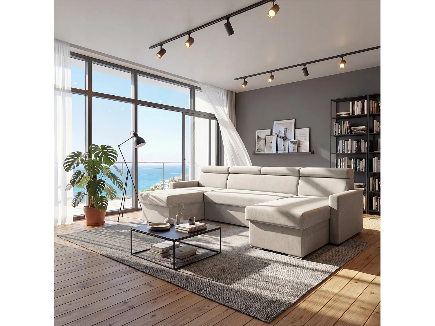 Vega U Wohnlandschaft mit Schlaffunktion und 2 Bettkasten Ecksofa in U-Form Verstellbare Kopfstützen Samt-Stoff Best 305x151 cm (Hellbeige)