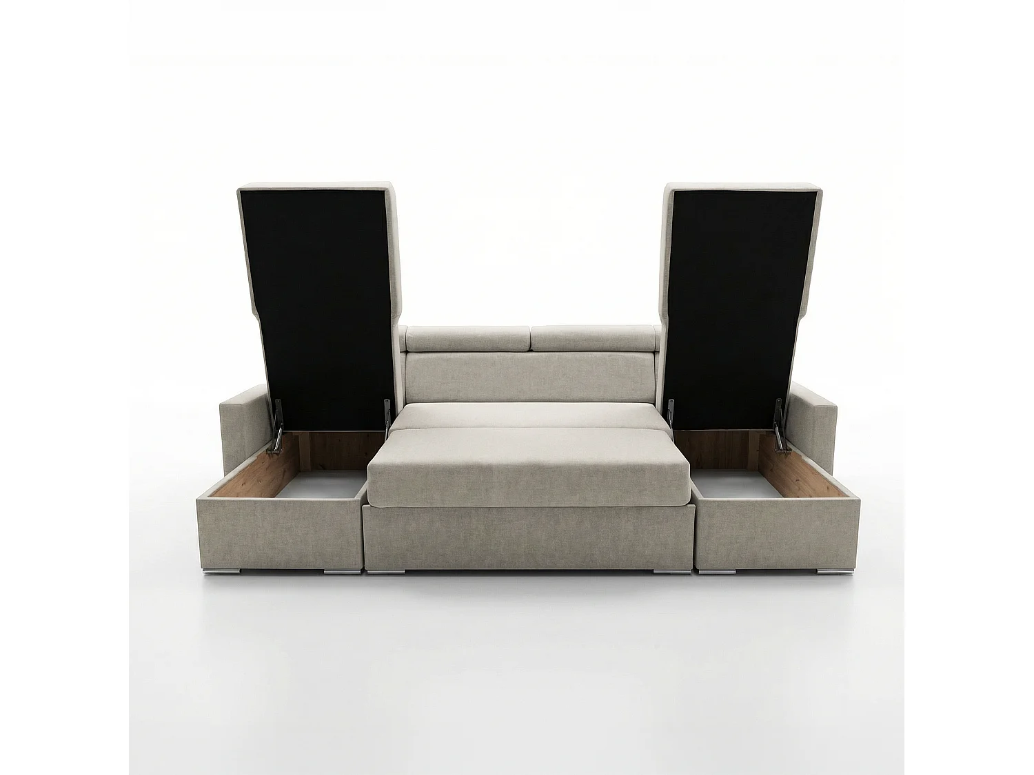 Vega U Wohnlandschaft mit Schlaffunktion und 2 Bettkasten Ecksofa in U-Form Verstellbare Kopfstützen Samt-Stoff Best 305x151 cm (Hellbeige)