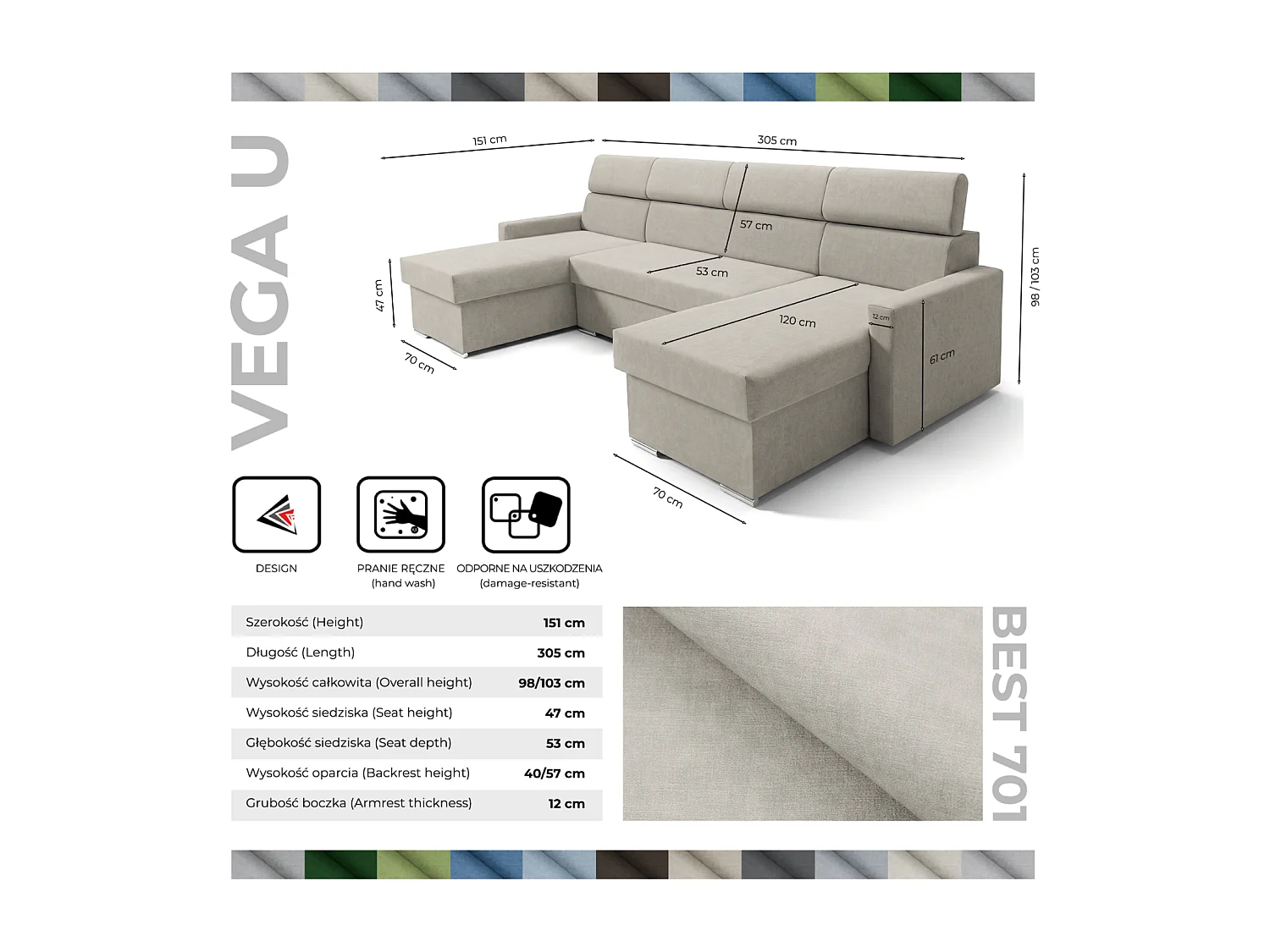 Vega U Wohnlandschaft mit Schlaffunktion und 2 Bettkasten Ecksofa in U-Form Verstellbare Kopfstützen Samt-Stoff Best 305x151 cm (Hellbeige)