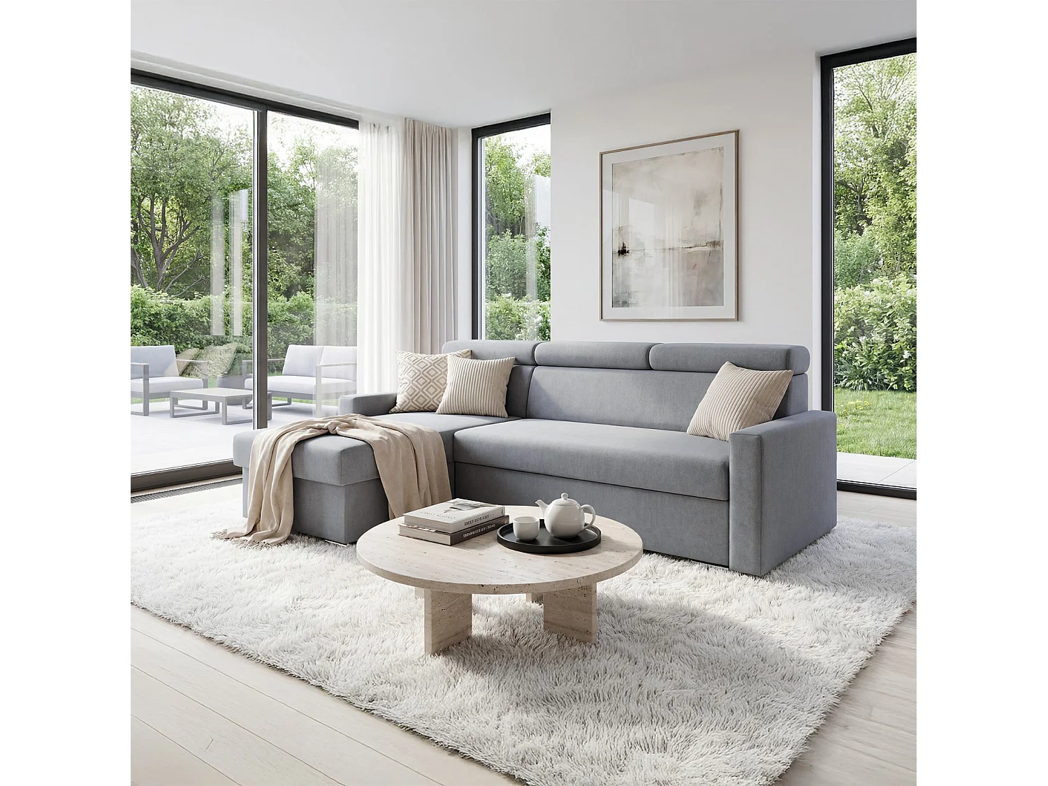 Ecksofa Vega L mit Schlaffunktion & Bettkasten – Samtstoff Best Grau – Zero-Wall Design Wandbündig – L-Form Sofa Freistehend