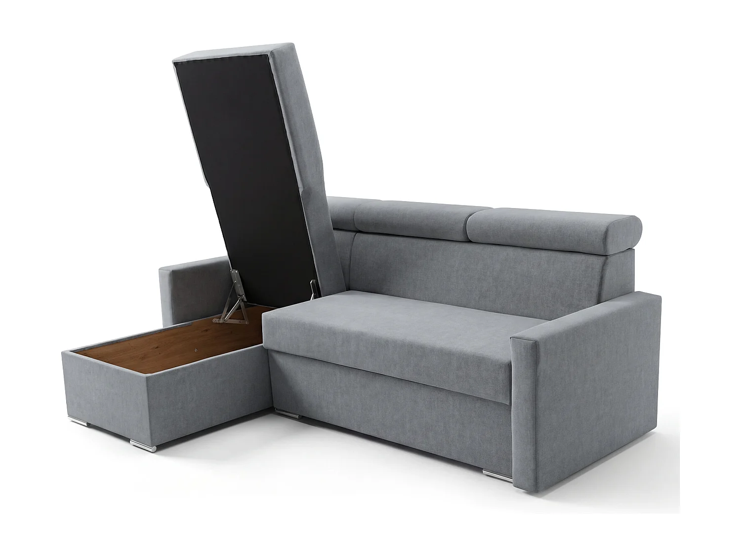 Ecksofa Vega L mit Schlaffunktion & Bettkasten – Samtstoff Best Grau – Zero-Wall Design Wandbündig – L-Form Sofa Freistehend