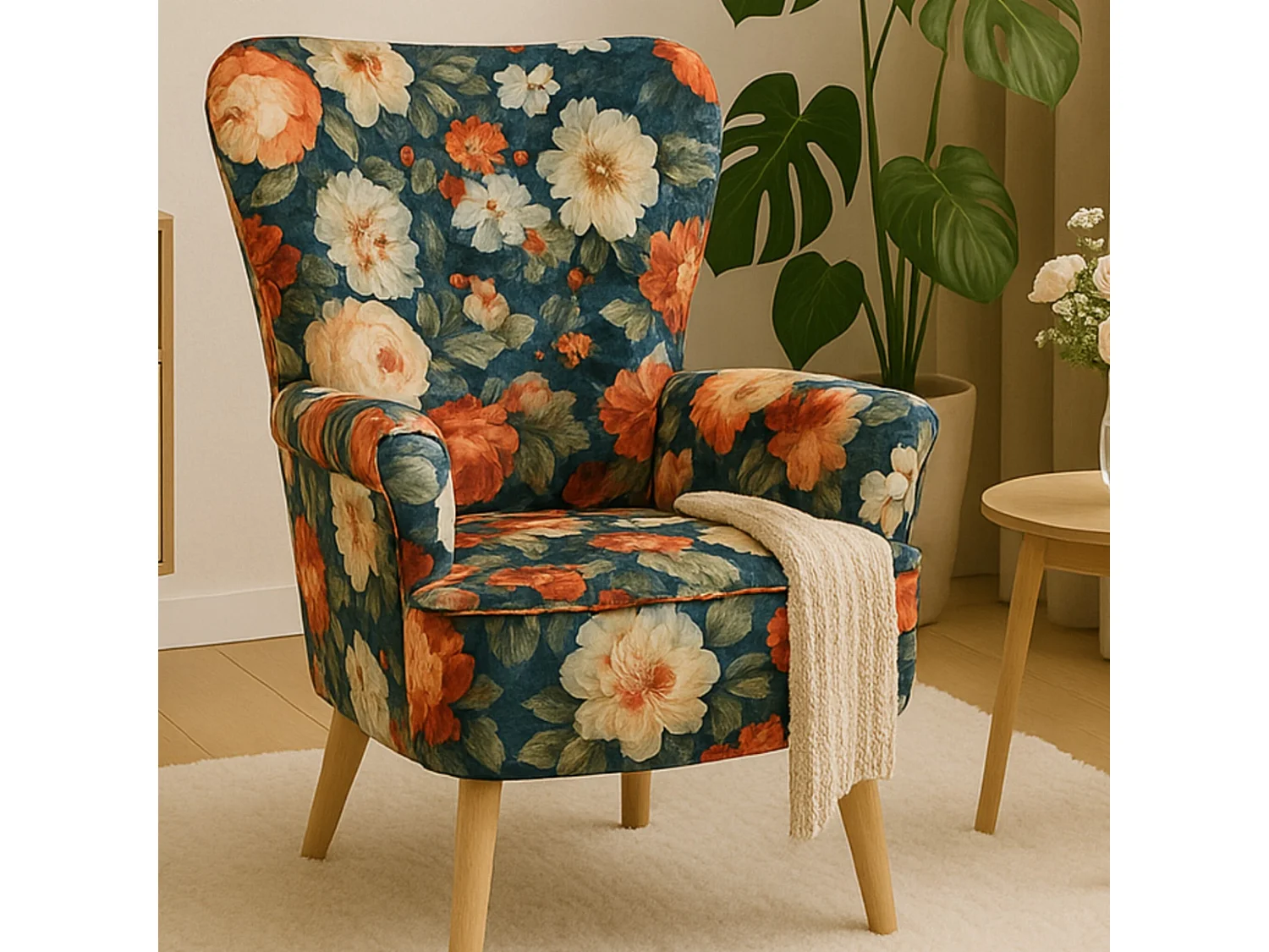 Sofiland Gardens Secrets Ohrensessel Blumenmuster Jacquard Stoff - Buche