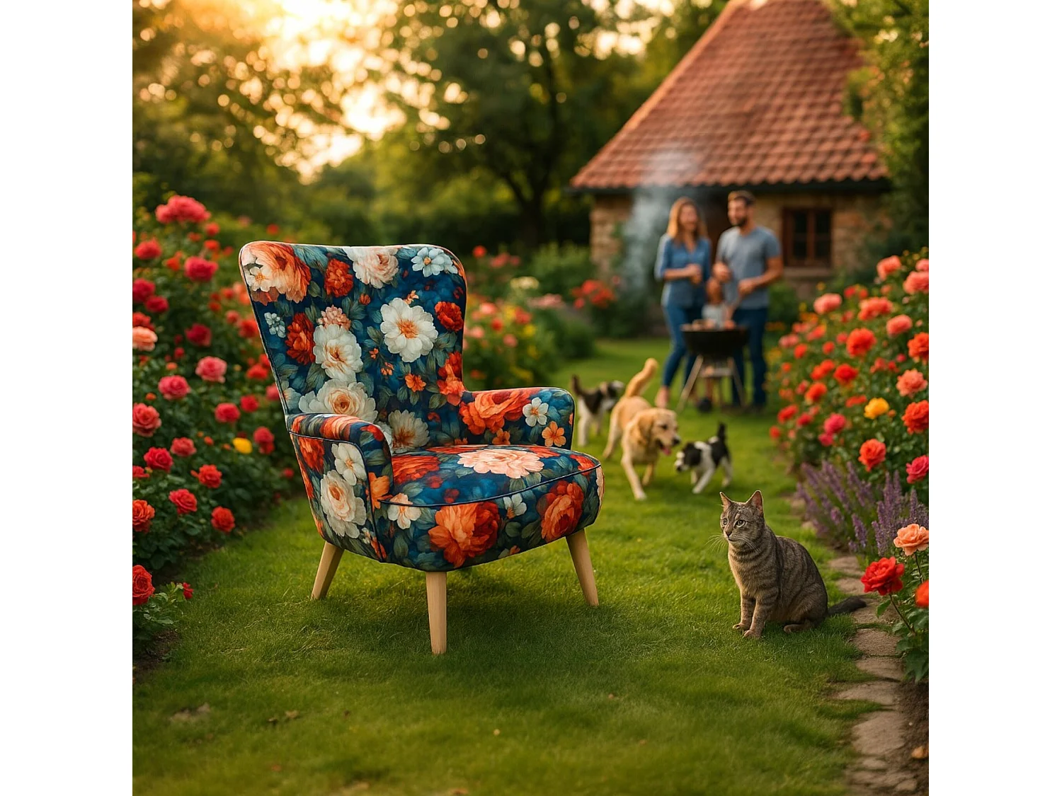 Sofiland Gardens Secrets Ohrensessel Blumenmuster Jacquard Stoff - Buche