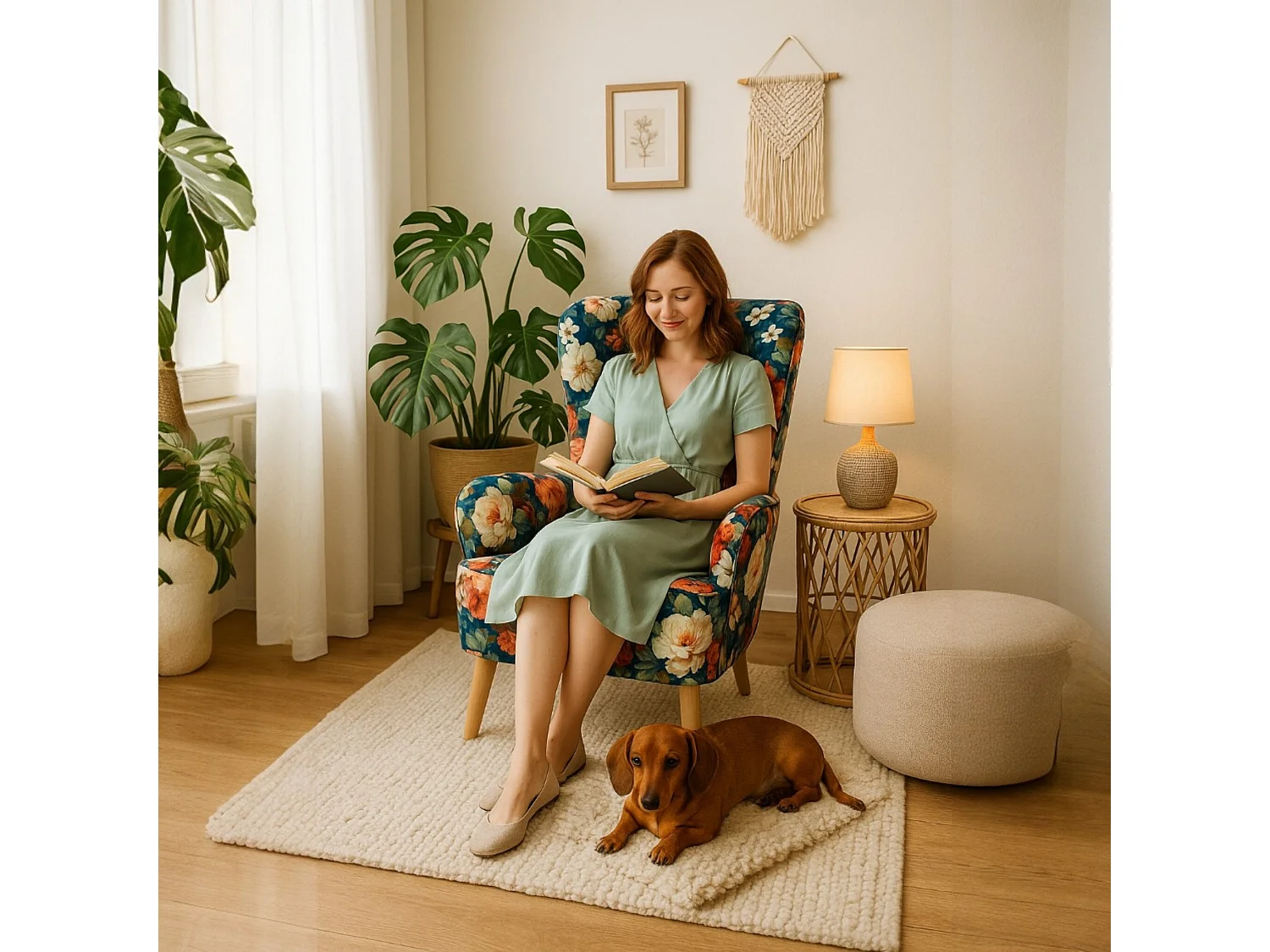 Sofiland Gardens Secrets Ohrensessel Blumenmuster Jacquard Stoff - Buche