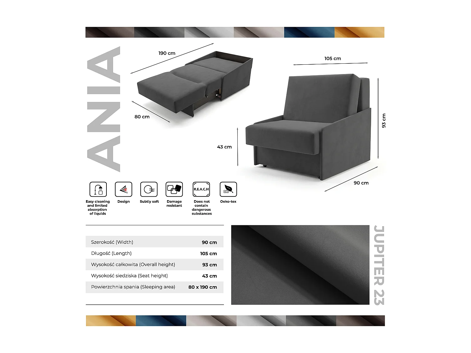 Jupiter Schlafsessel mit Bettkasten & Schlaffunktion 90x105 cm Samt-Velvet Dunkelgrau