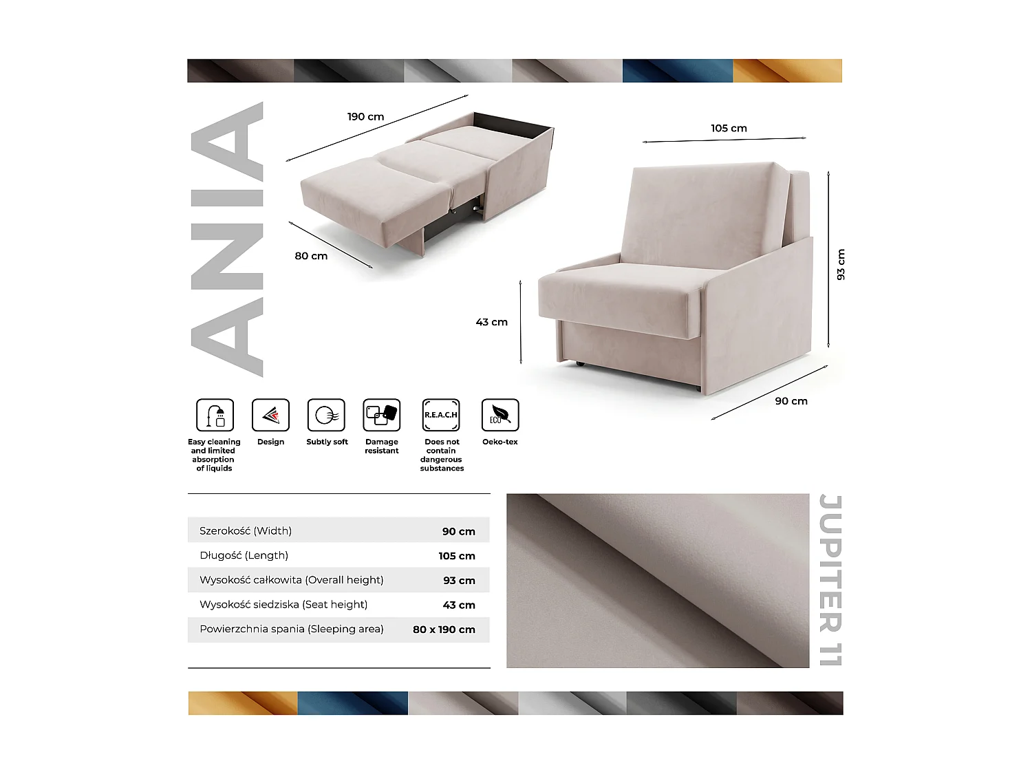 Jupiter Schlafsessel mit Bettkasten & Schlaffunktion 90x105 cm Samt-Velvet  Beige