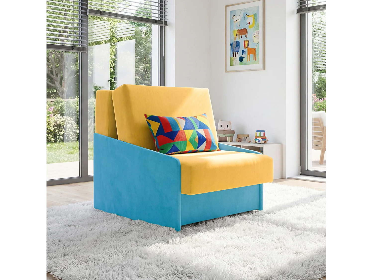 Jupiter Schlafsessel mit Bettkasten & Schlaffunktion 90x105 cm Samt-Velvet Gelb/Türkis