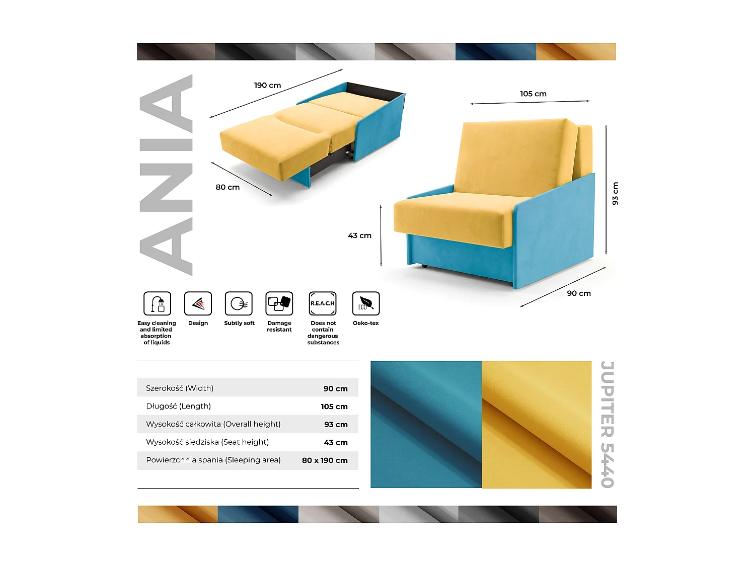 Jupiter Schlafsessel mit Bettkasten & Schlaffunktion 90x105 cm Samt-Velvet Gelb/Türkis