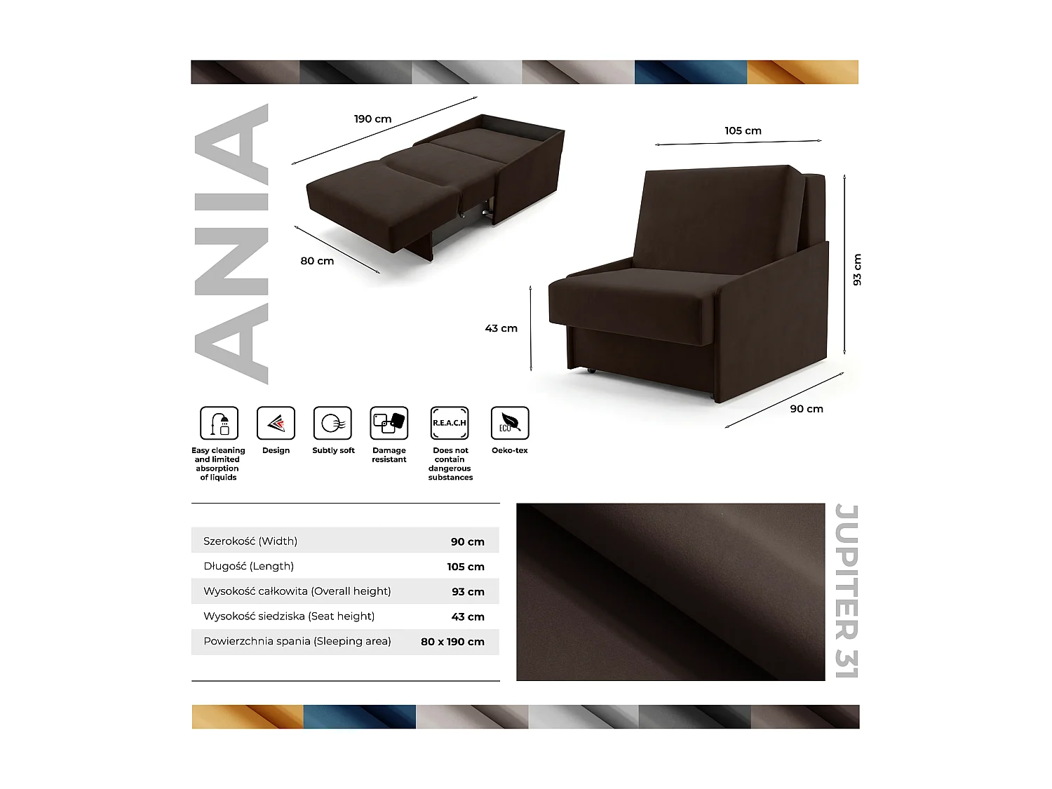 Jupiter Schlafsessel mit Bettkasten & Schlaffunktion 90x105 cm Samt-Velvet Braun