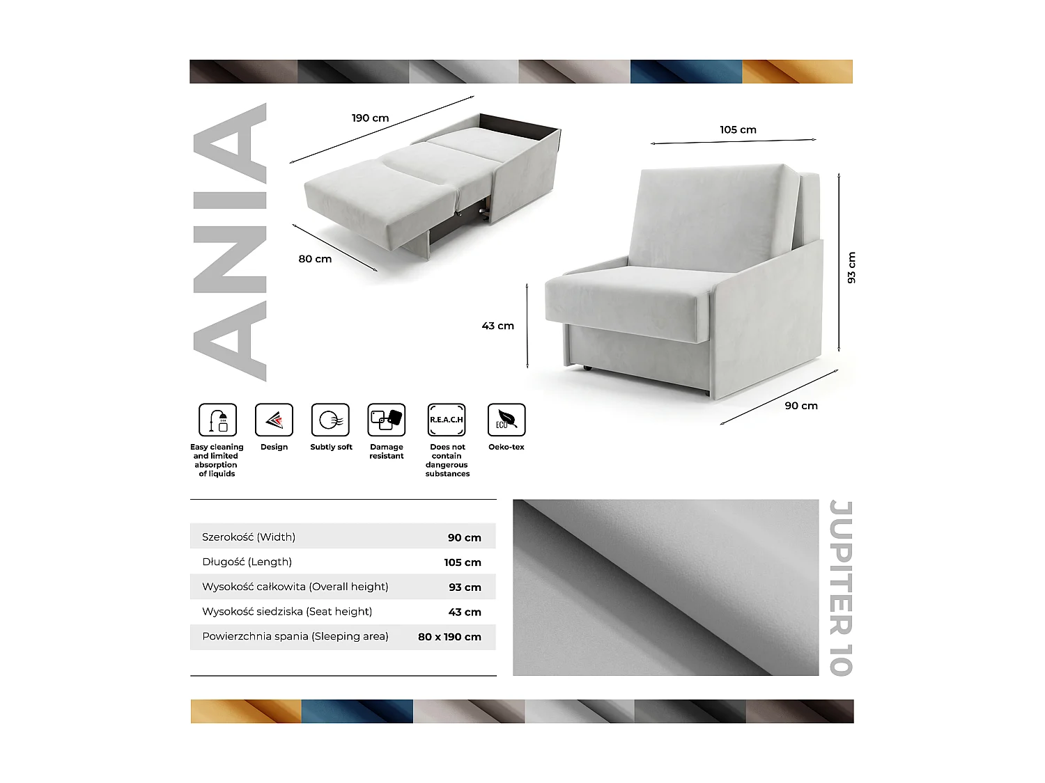 Jupiter Schlafsessel mit Bettkasten & Schlaffunktion 90x105 cm Samt-Velvet Hellgrau