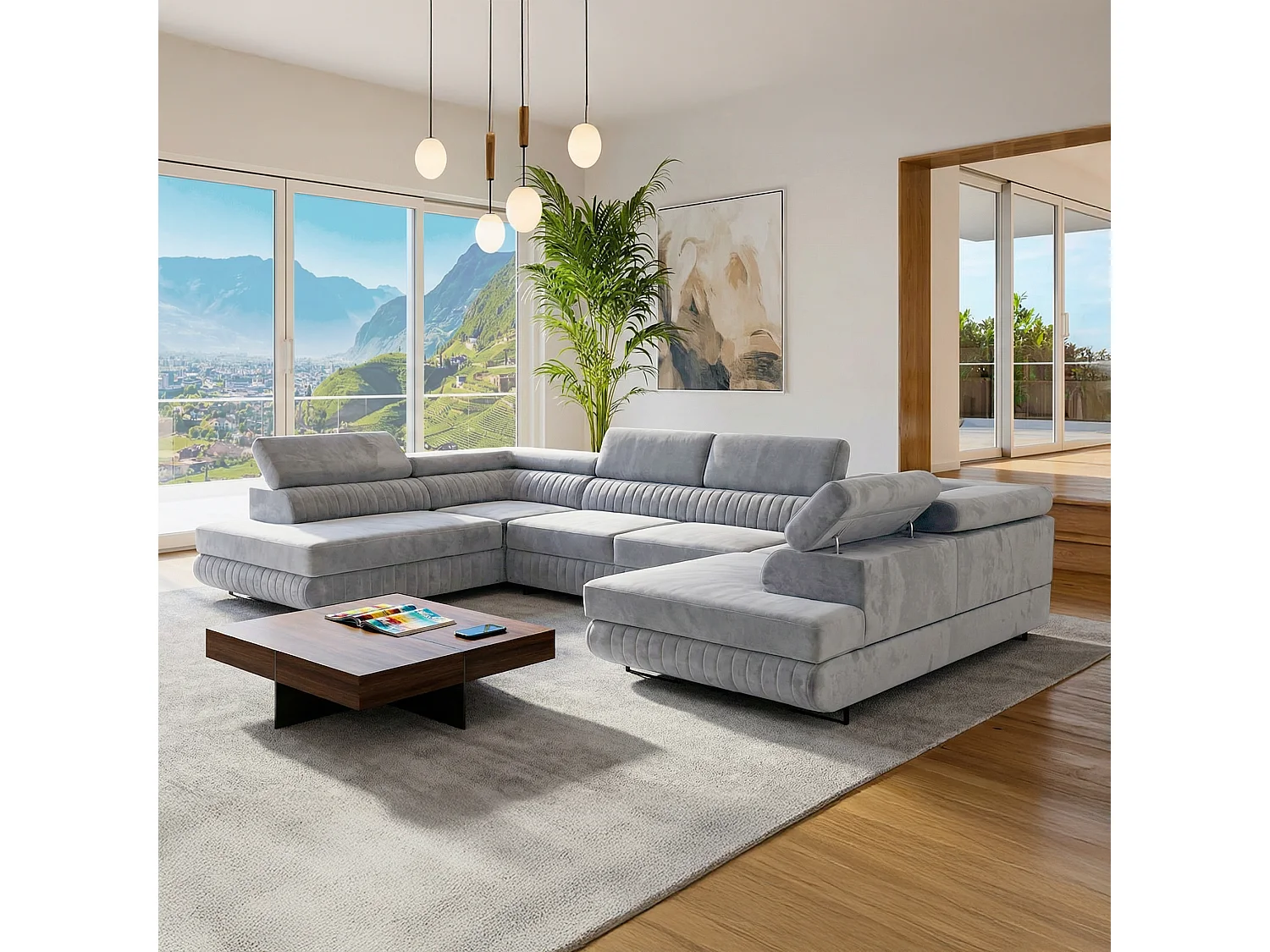 U-Form Schlafsofa Magnum Hellgrau 345x202 cm – Flexibles Design ohne feste Seite