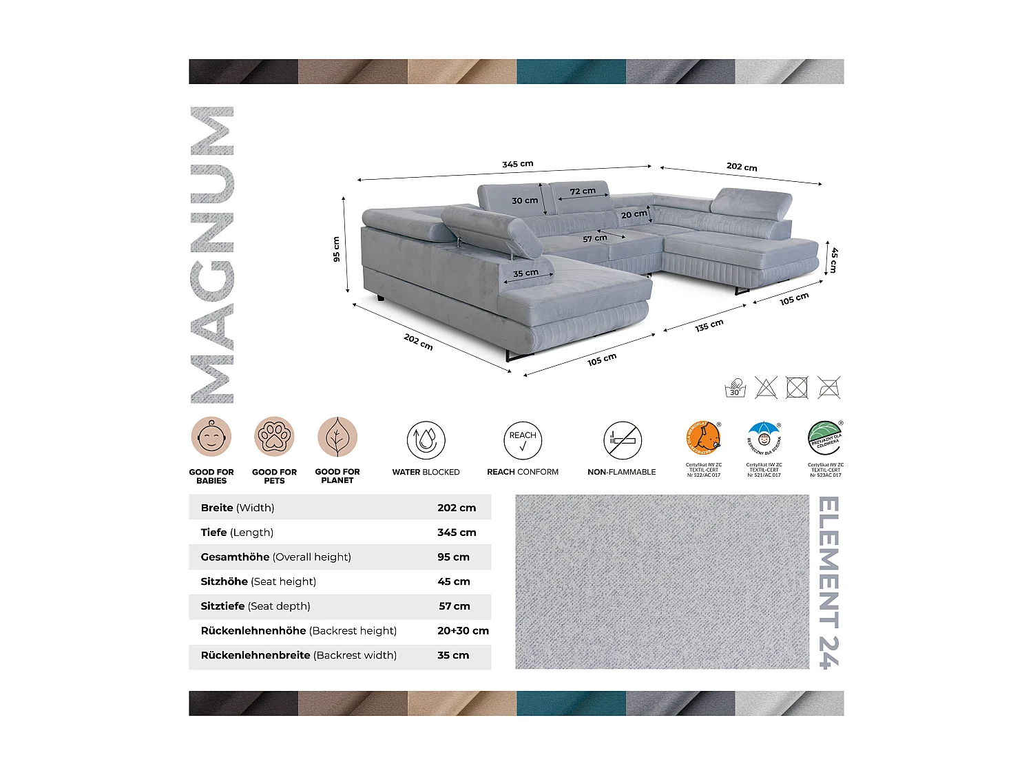 U-Form Schlafsofa Magnum Hellgrau 345x202 cm – Flexibles Design ohne feste Seite