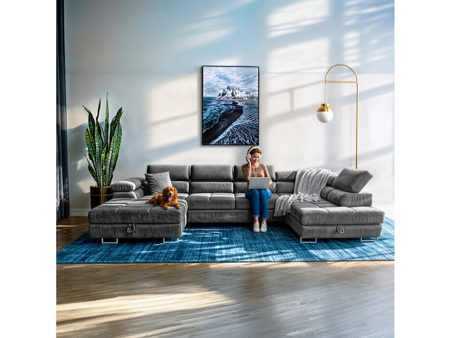 Sofiland Aller XXL U-Form Ecksofa rechts mit Schlaffunktion, Couchgarnitur mit 2 Bettkästen, Wohnzimmersofa Hellgrau MONOLITH 84, Sofa, Bettsofa