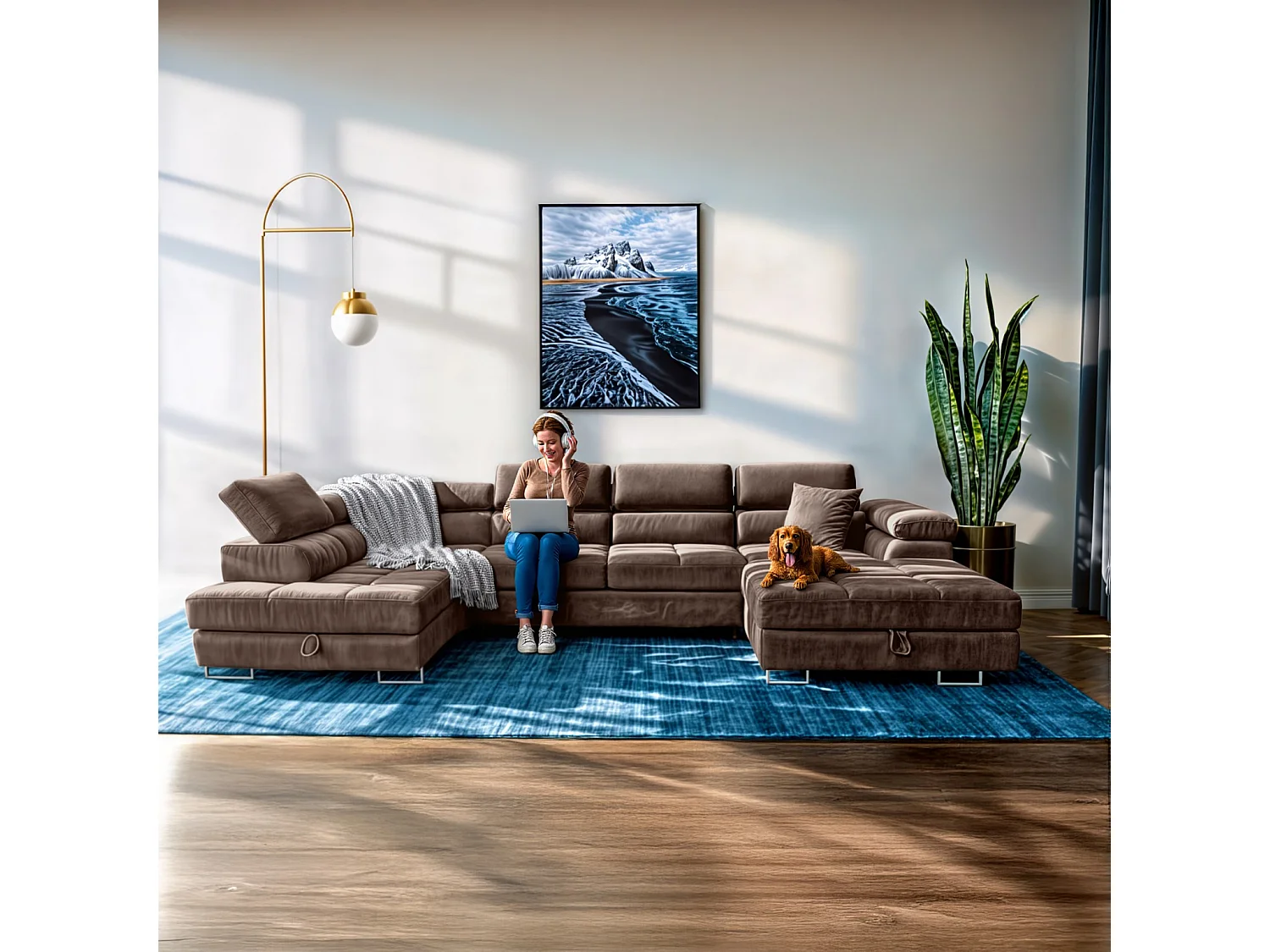 Wohnlandschaft Aller Monolith U XXL-Ecksofa mit Schlaffunktion und zwei Bettkasten in Bronze, linke Seite