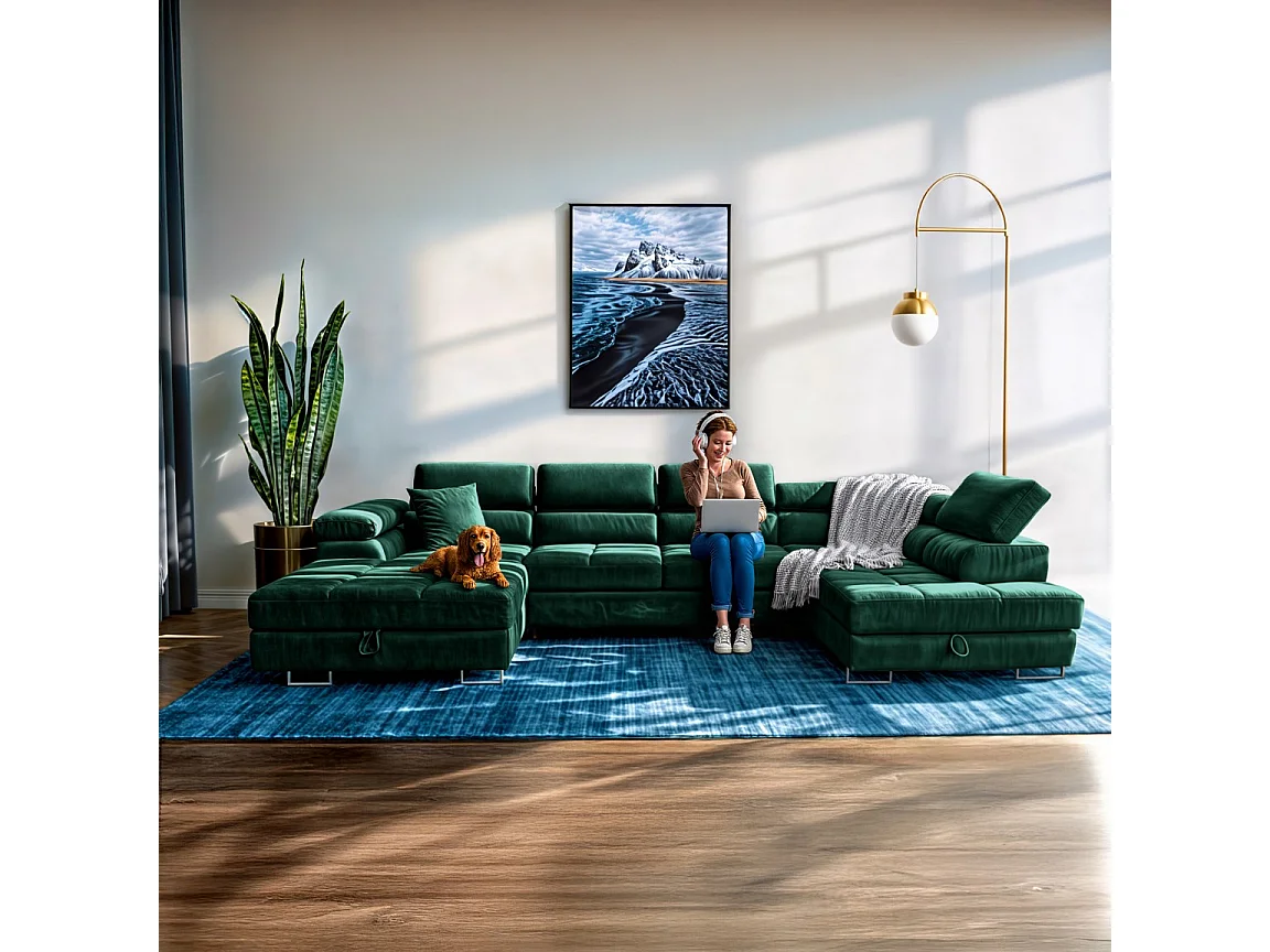 Wohnlandschaft Aller U Monolith XXL-Ecksofa mit Schlaffunktion und zwei Bettkästen in Grün, rechte Seite