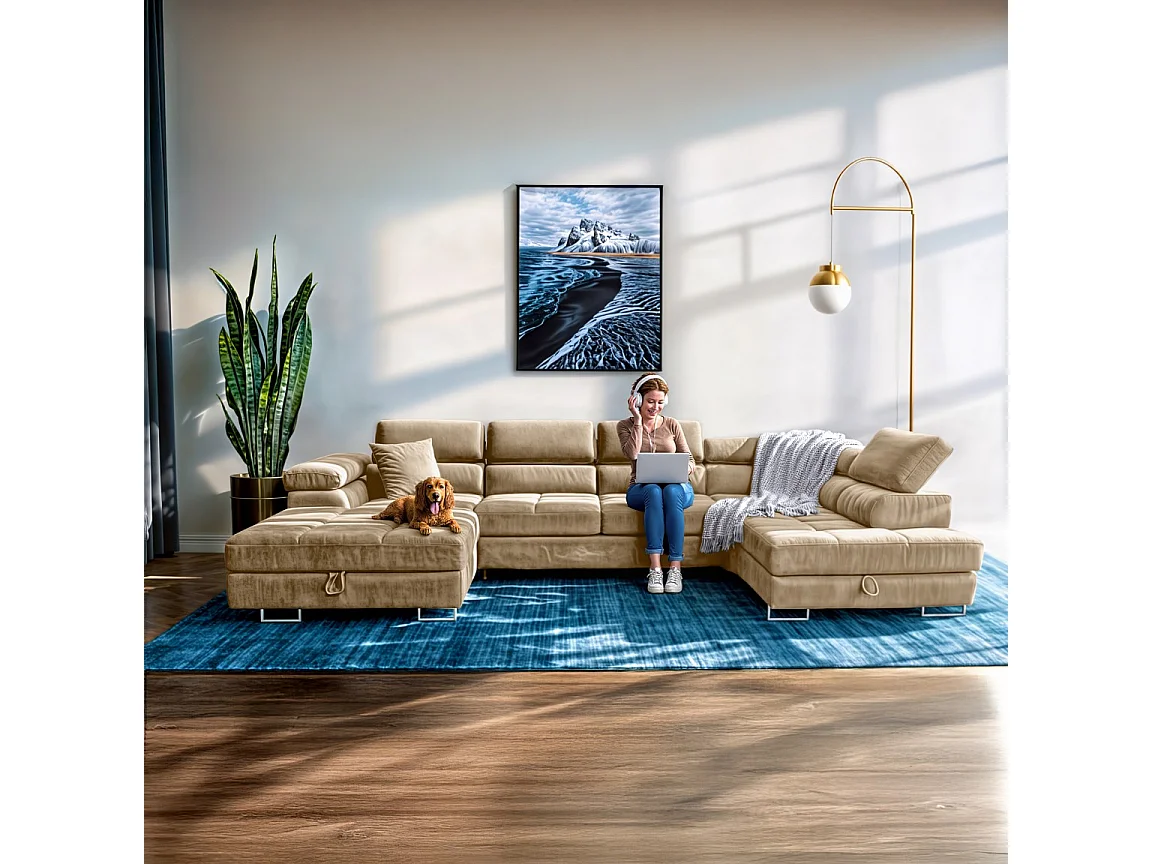 Wohnlandschaft Aller Monolith U XXL-Ecksofa mit Schlaffunktion und zwei Bettkästen in Hellbeige, rechte Seite