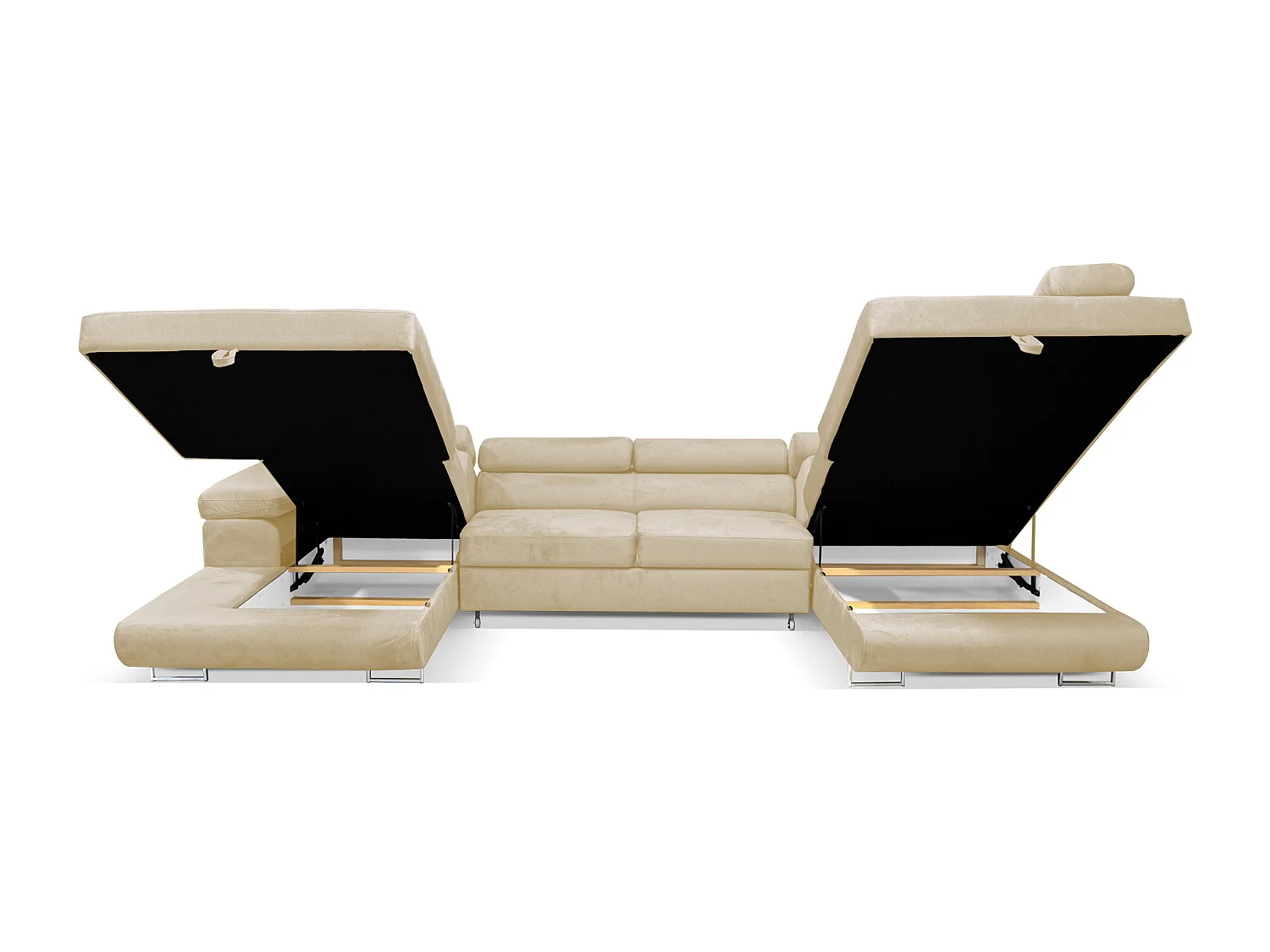 Wohnlandschaft Aller Monolith U XXL-Ecksofa mit Schlaffunktion und zwei Bettkästen in Hellbeige, rechte Seite