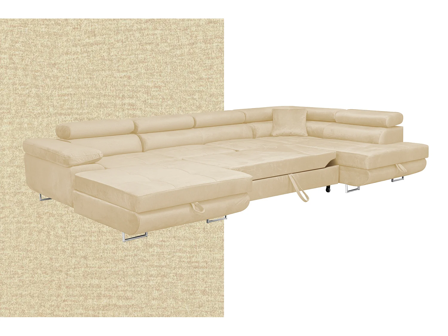 Wohnlandschaft Aller Monolith U XXL-Ecksofa mit Schlaffunktion und zwei Bettkästen in Hellbeige, rechte Seite