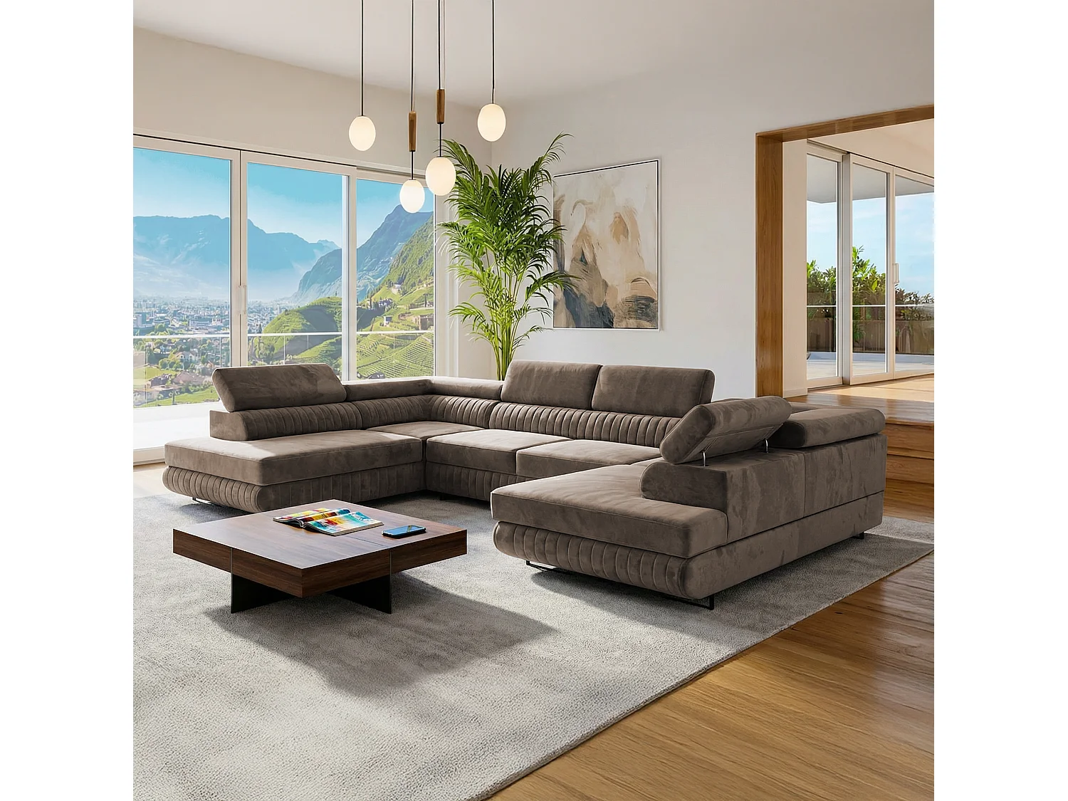 Große U-Form Schlafsofa mit Bettkasten & Agmamito Element Bezug, Dunkelbraun Magnum U Sofiland