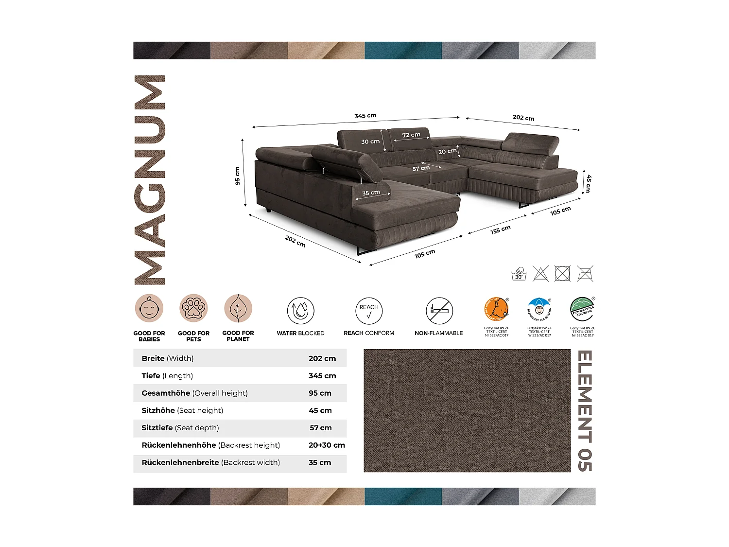 Große U-Form Schlafsofa mit Bettkasten & Agmamito Element Bezug, Dunkelbraun Magnum U Sofiland