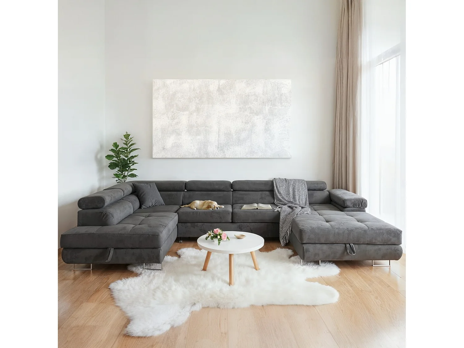U-förmiges Ecksofa 345x202 cm grau links mit Schlaffunktion und Bettkasten - Aller U XXL