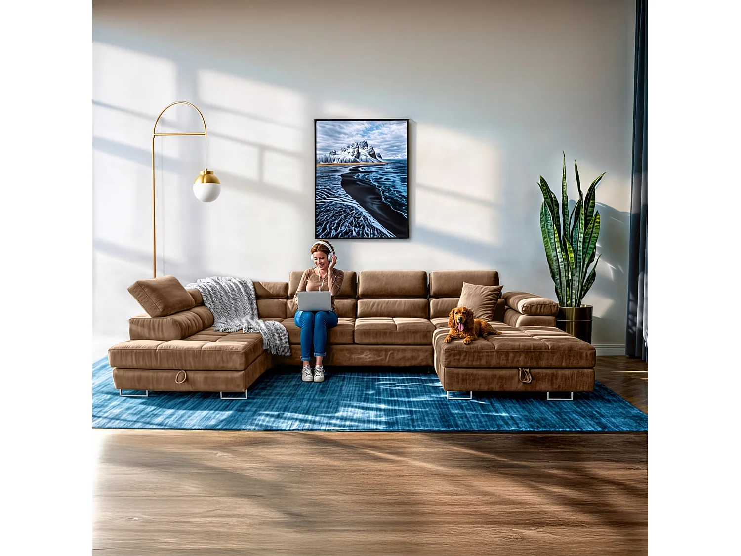 Wohnlandschaft Aller U Monolith XXL-Ecksofa mit Schlaffunktion und zwei Bettkasten in Hellbraun, linke Seite