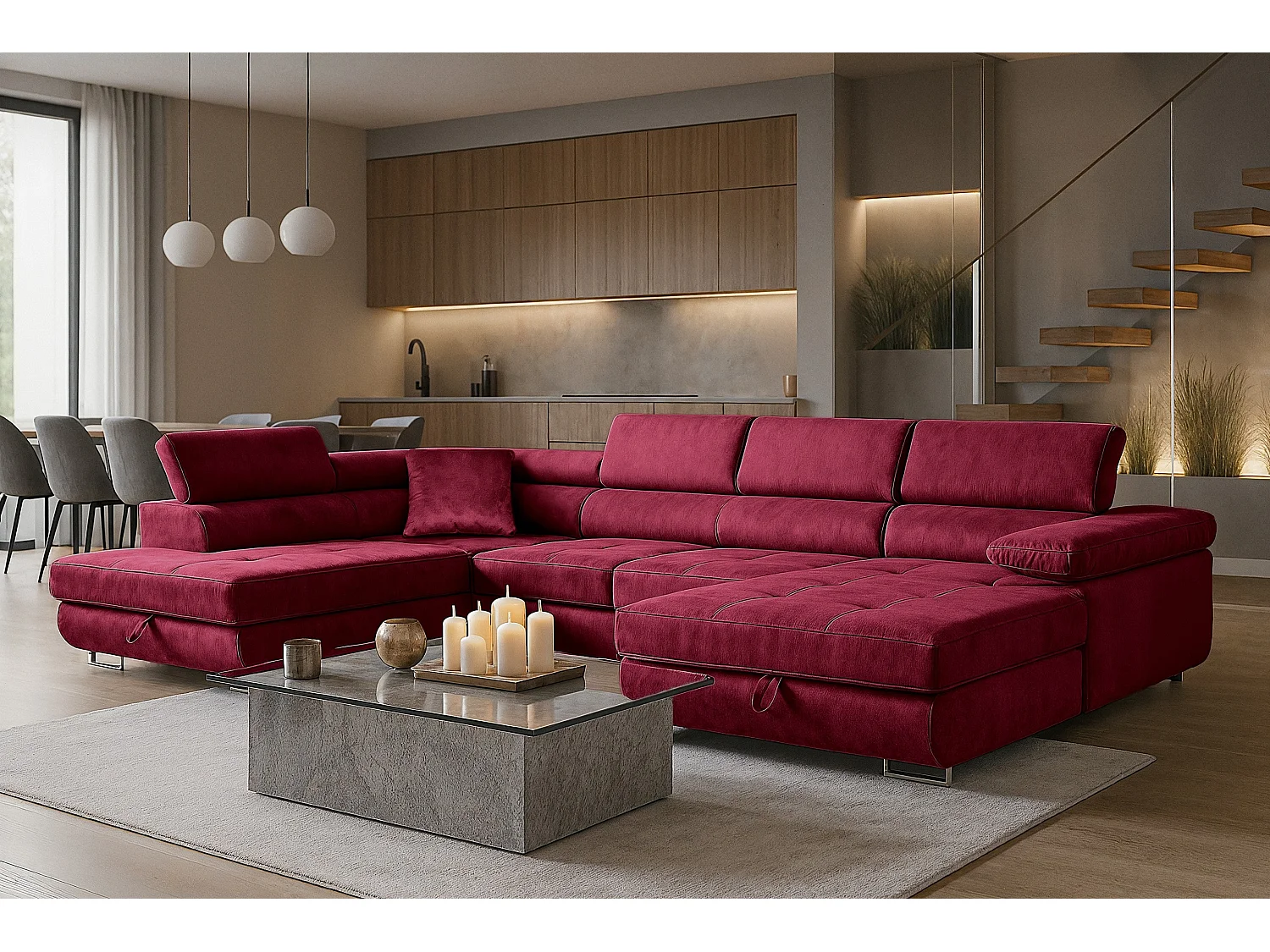 Wohnlandschaft Aller U Monolith XXL-Ecksofa mit Schlaffunktion und zwei Bettkästen in Rot, linke Seite