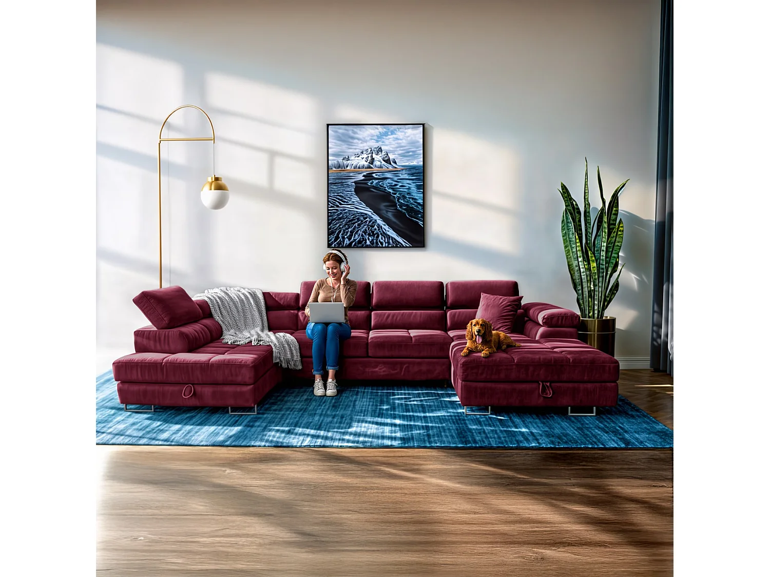 Wohnlandschaft Aller U Monolith XXL-Ecksofa mit Schlaffunktion und zwei Bettkästen in Rot, linke Seite