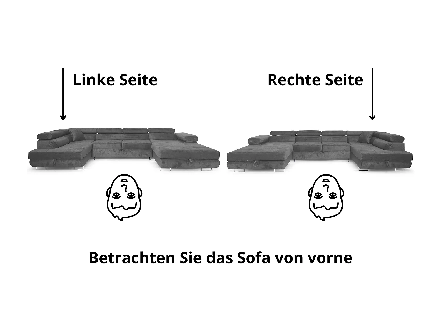 Wohnlandschaft Aller U Monolith XXL-Ecksofa mit Schlaffunktion und zwei Bettkästen in Dunkelgrau, linke Seite