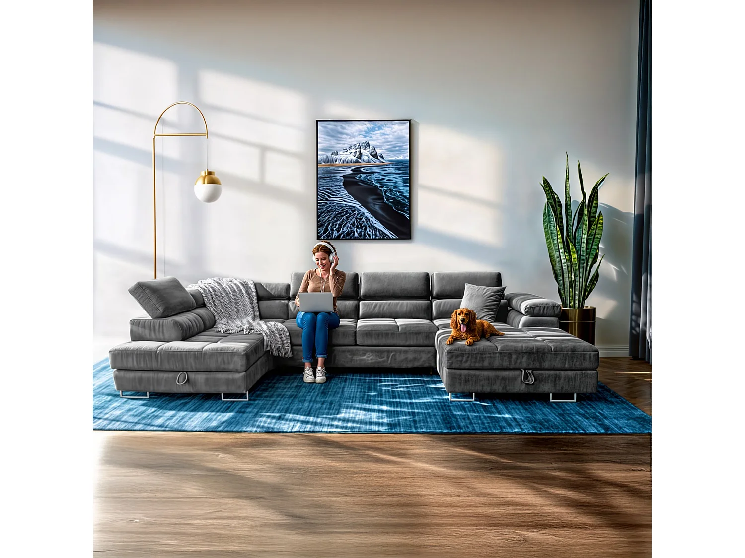 Sofiland Aller XXL U-Form Ecksofa links mit Schlaffunktion, Couchgarnitur mit 2 Bettkästen, Wohnzimmersofa Hellgrau MONOLITH 84, Sofa, Bettsofa, Couch