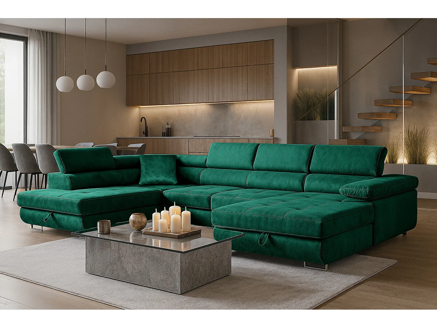 Wohnlandschaft Aller U Monolith XXL-Ecksofa mit Schlaffunktion und zwei Bettkästen in Grün, linke Seite