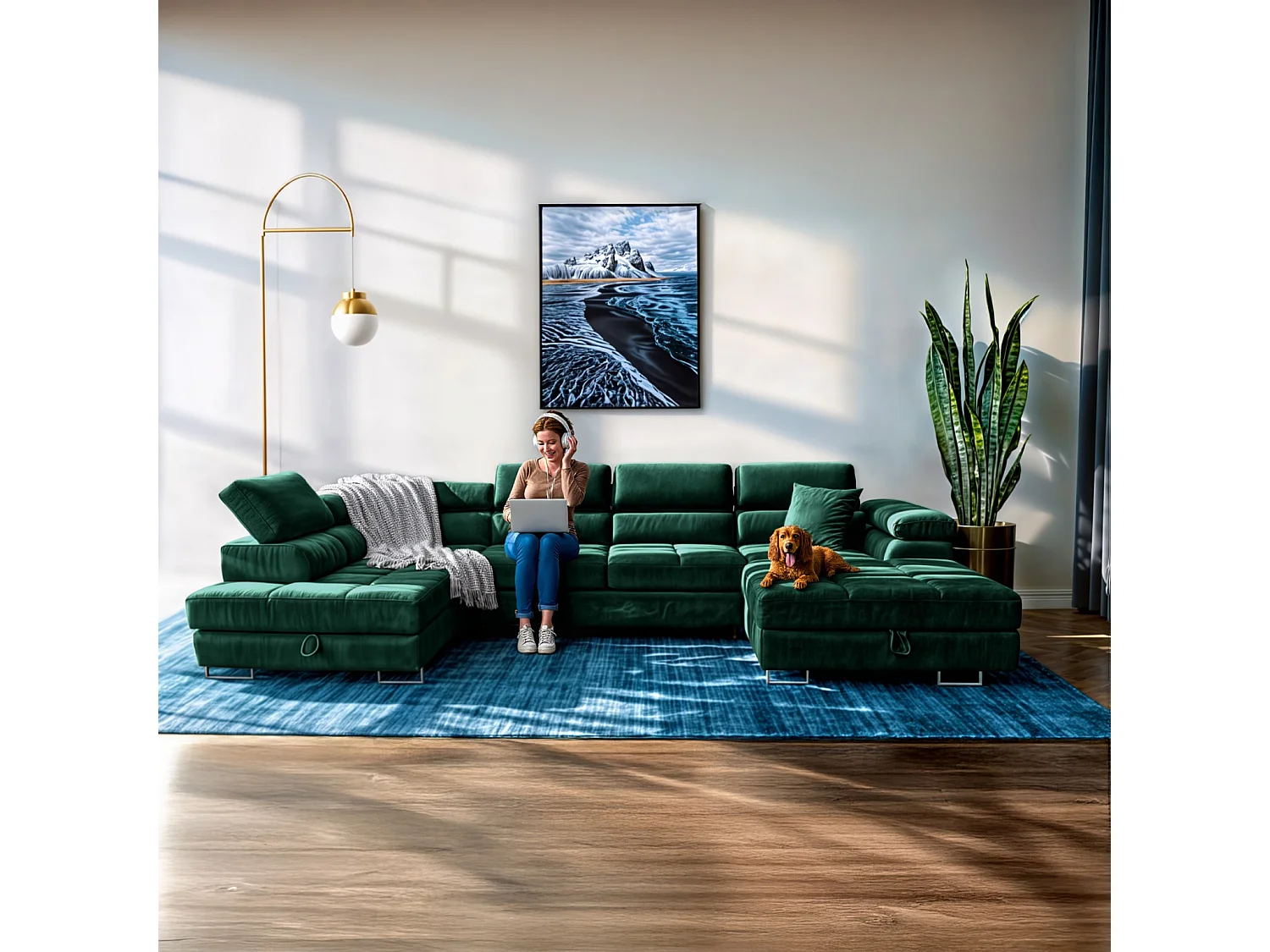 Wohnlandschaft Aller U Monolith XXL-Ecksofa mit Schlaffunktion und zwei Bettkästen in Grün, linke Seite