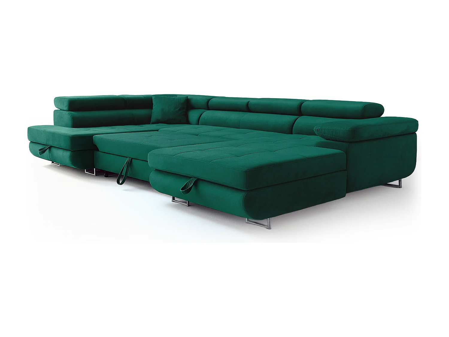 Wohnlandschaft Aller U Monolith XXL-Ecksofa mit Schlaffunktion und zwei Bettkästen in Grün, linke Seite