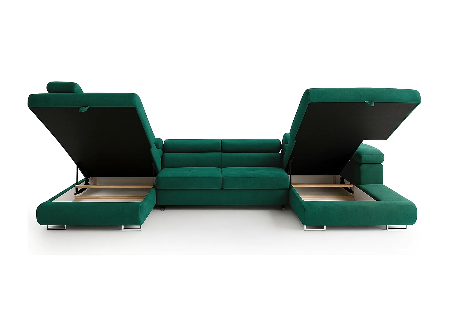 Wohnlandschaft Aller U Monolith XXL-Ecksofa mit Schlaffunktion und zwei Bettkästen in Grün, linke Seite