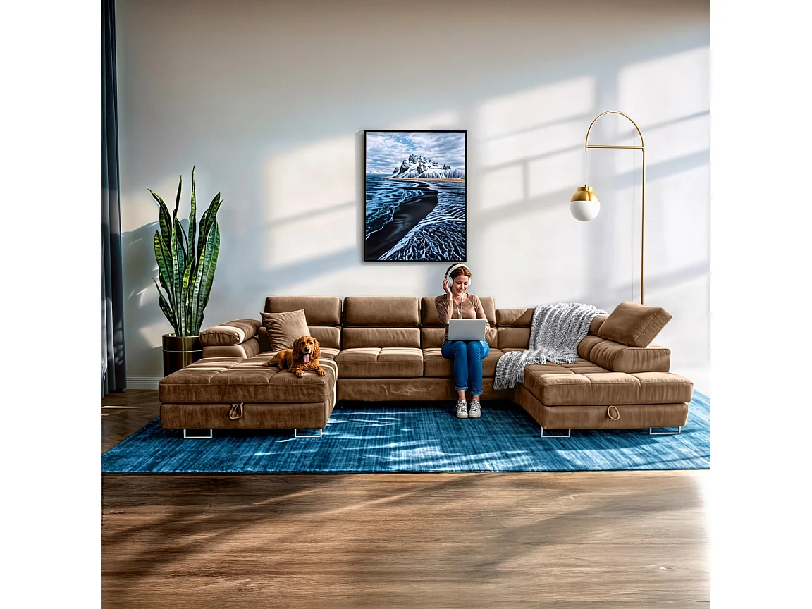 Wohnlandschaft Aller U Monolith XXL-Ecksofa mit Schlaffunktion und zwei Bettkästen in Hellbraun, rechte Seite