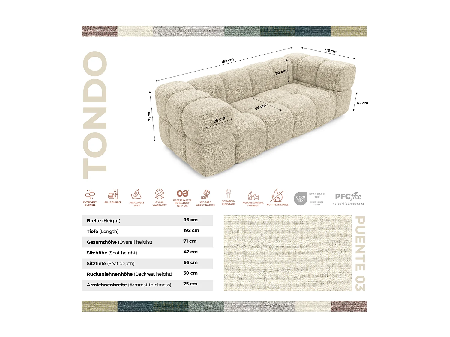 Design-Sofa 3-Sitzer TONDO PUENTE 03 – Strukturstoff in Bouclé-Optik – Wellenförmiges Design – Creme
