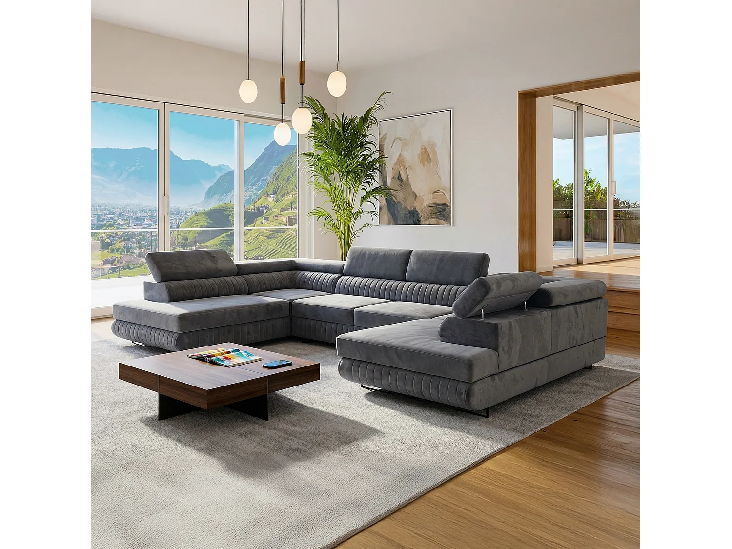 U-Form Schlafsofa Magnum Dunkelgrau  345x202 cm – Flexibles Design ohne feste Seite