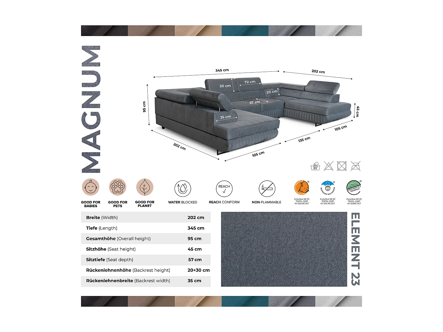 U-Form Schlafsofa Magnum Dunkelgrau  345x202 cm – Flexibles Design ohne feste Seite