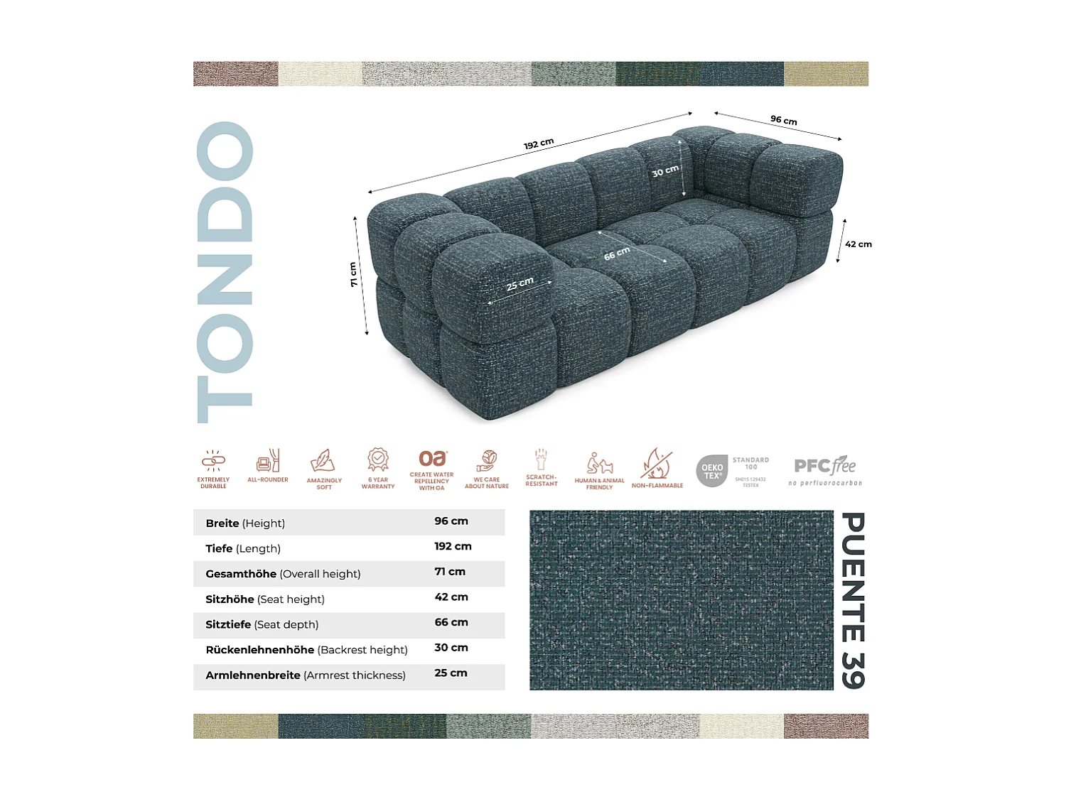 Design-Sofa 3-Sitzer TONDO PUENTE 39 – Strukturstoff in Bouclé-Optik – Wellenförmiges Design – Dunkelblau