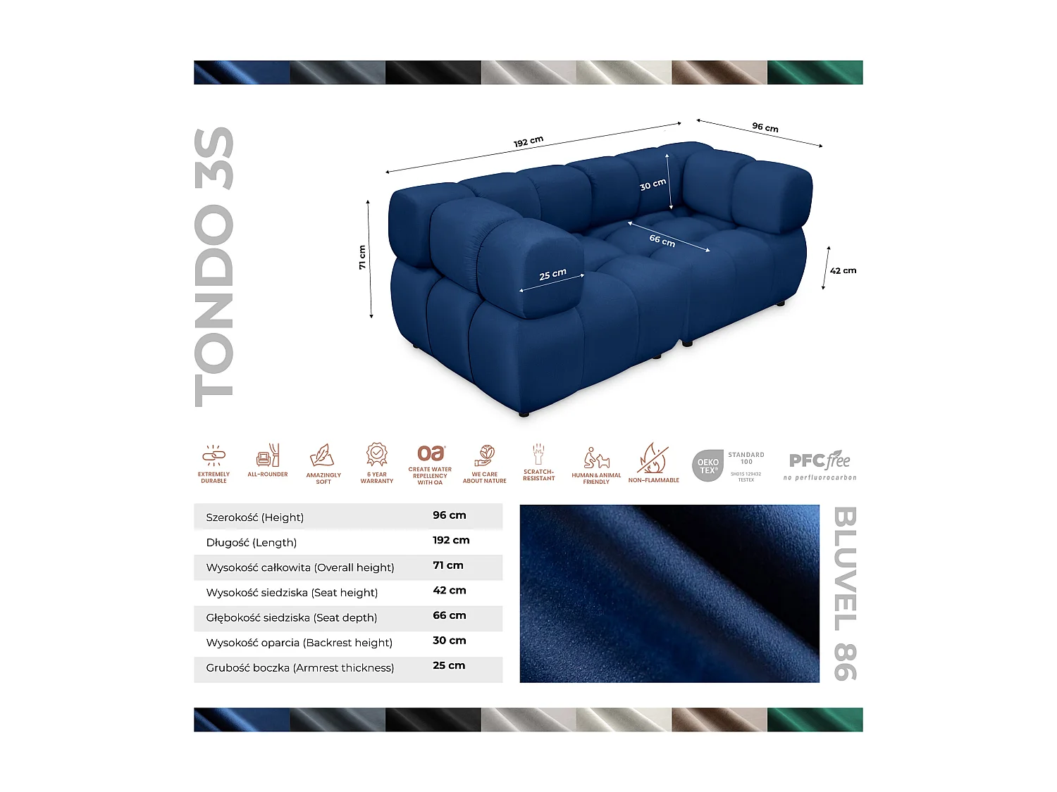 Sofa Tondo 3 s - Bluvel 86 dunkelblau