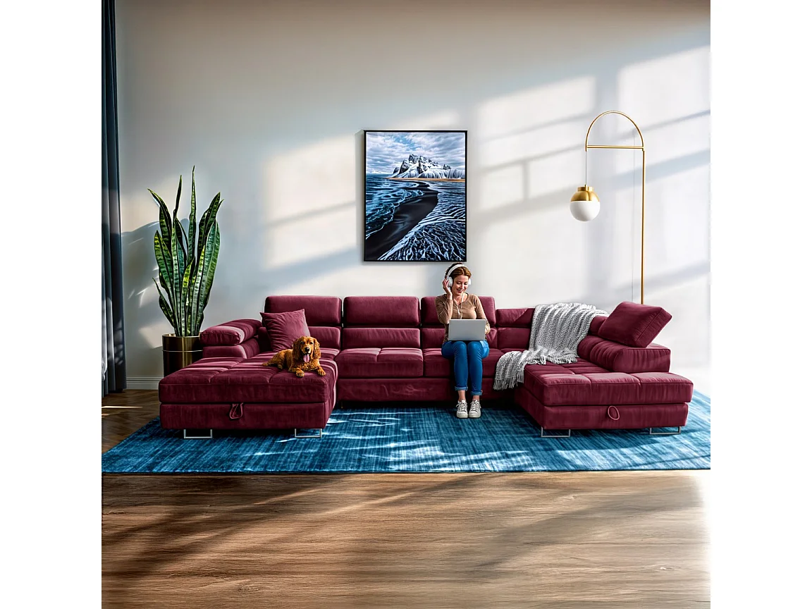 Wohnlandschaft Aller U Monolith XXL-Ecksofa mit Schlaffunktion und zwei Bettkästen in Rot, rechte Seite