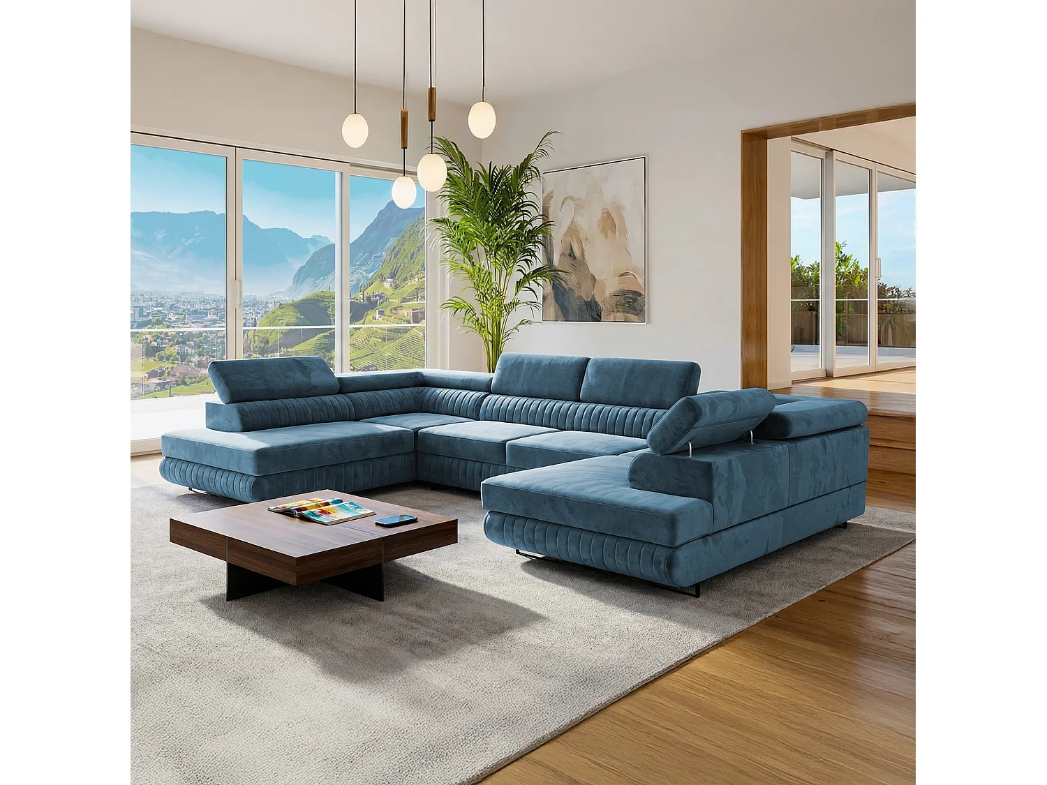 Große U-Form Schlafsofa mit Bettkasten & Agmamito Element Bezug, Türkis Magnum U Sofiland