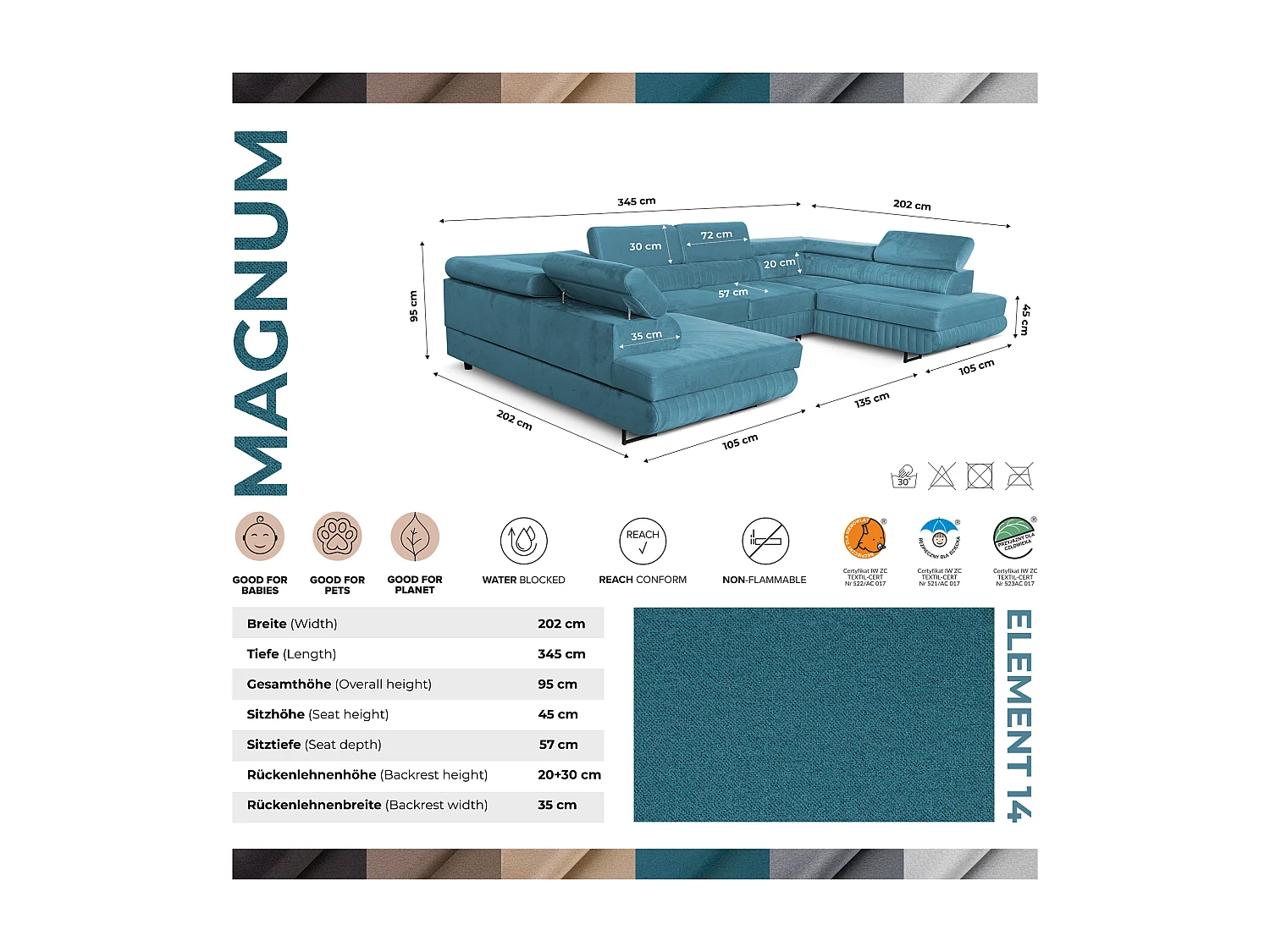 Große U-Form Schlafsofa mit Bettkasten & Agmamito Element Bezug, Türkis Magnum U Sofiland