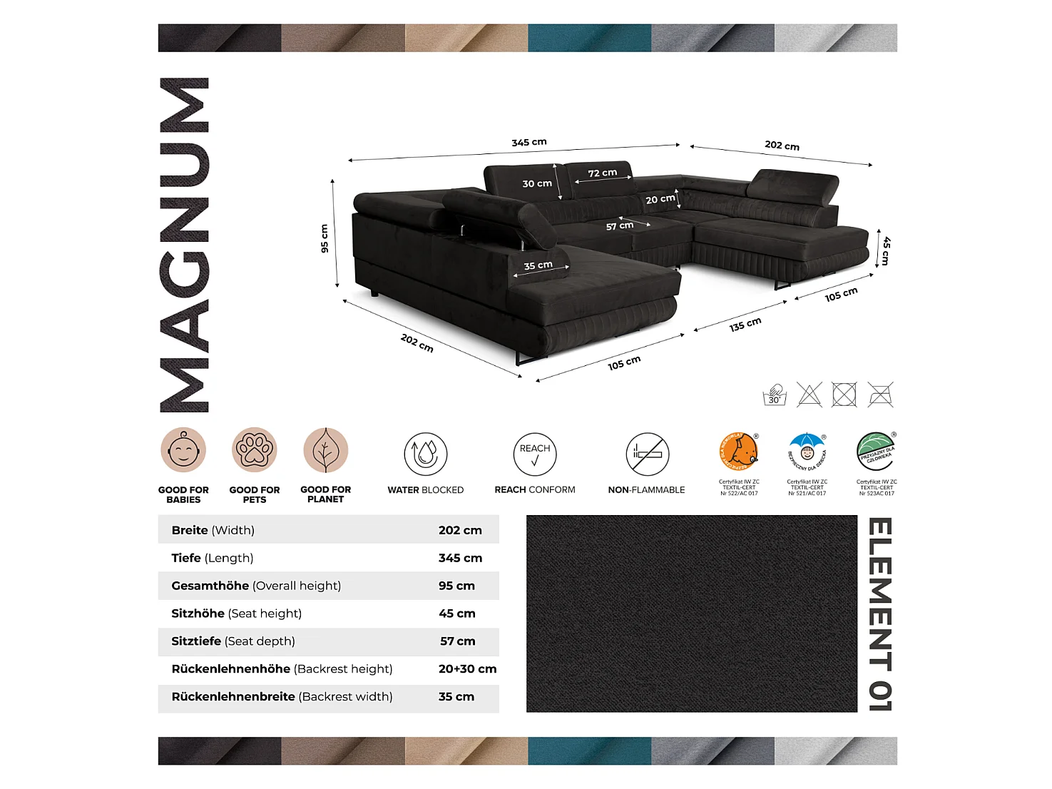 Canapé d'angle en U convertible 6 places velours turquoise MAGNUM U