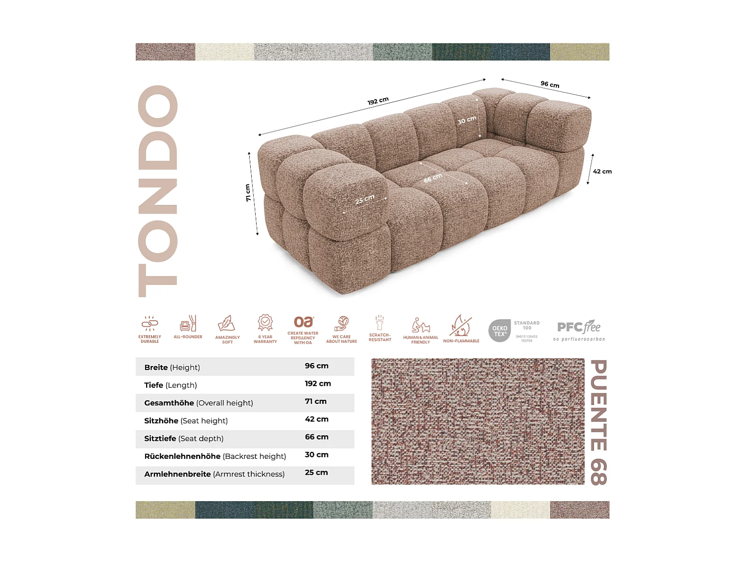 Design-Sofa 3-Sitzer TONDO PUENTE 68 – Strukturstoff in Bouclé-Optik – Wellenförmiges Design – Puderrosa