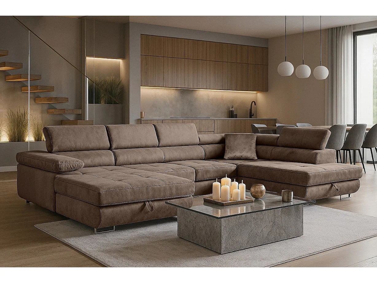 Wohnlandschaft Aller Monolith U XXL-Ecksofa mit Schlaffunktion und zwei Bettkästen in Bronze, rechte Seite