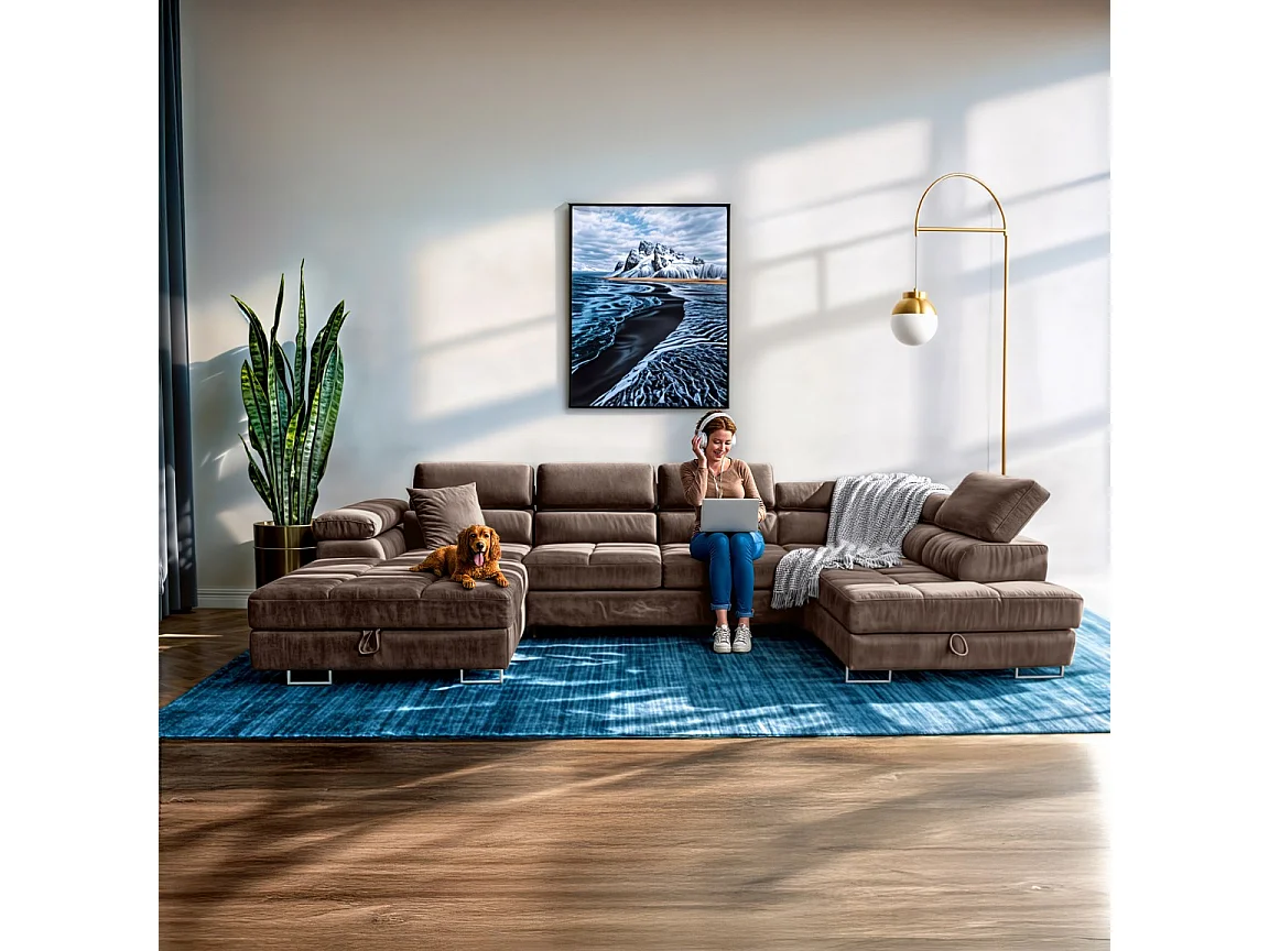 Wohnlandschaft Aller Monolith U XXL-Ecksofa mit Schlaffunktion und zwei Bettkästen in Bronze, rechte Seite